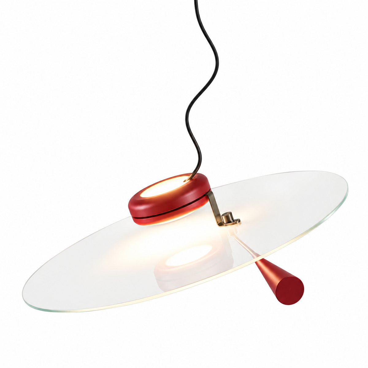 Red and amber counterbalance pendant light with wide glass shade and small red bulb detail