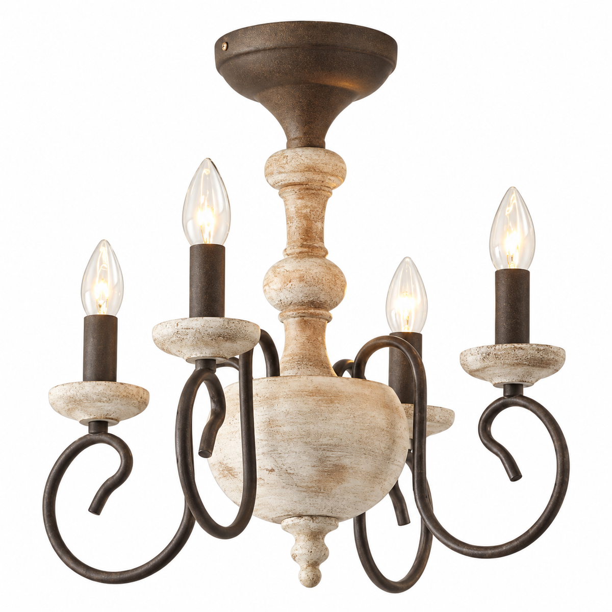 4-light candle chandelier with dark curved arms and distressed wood-tone center column