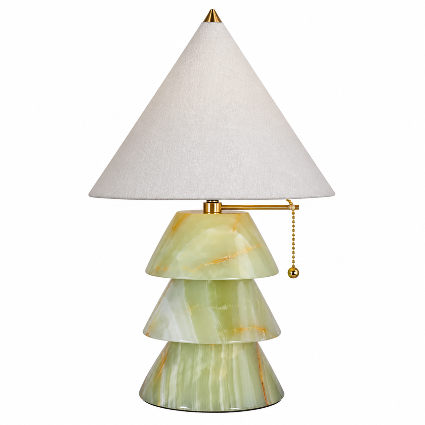 Carved jade-style tree table lamp with light green carved base, cream shade, gold pull chain