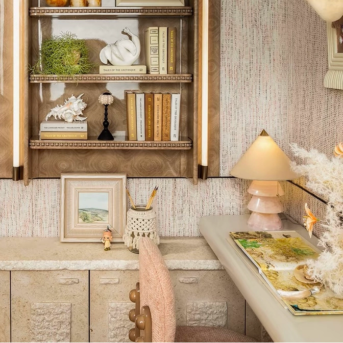 Carved jade-style tree table lamp with small cream fabric shade and gold pull chain
