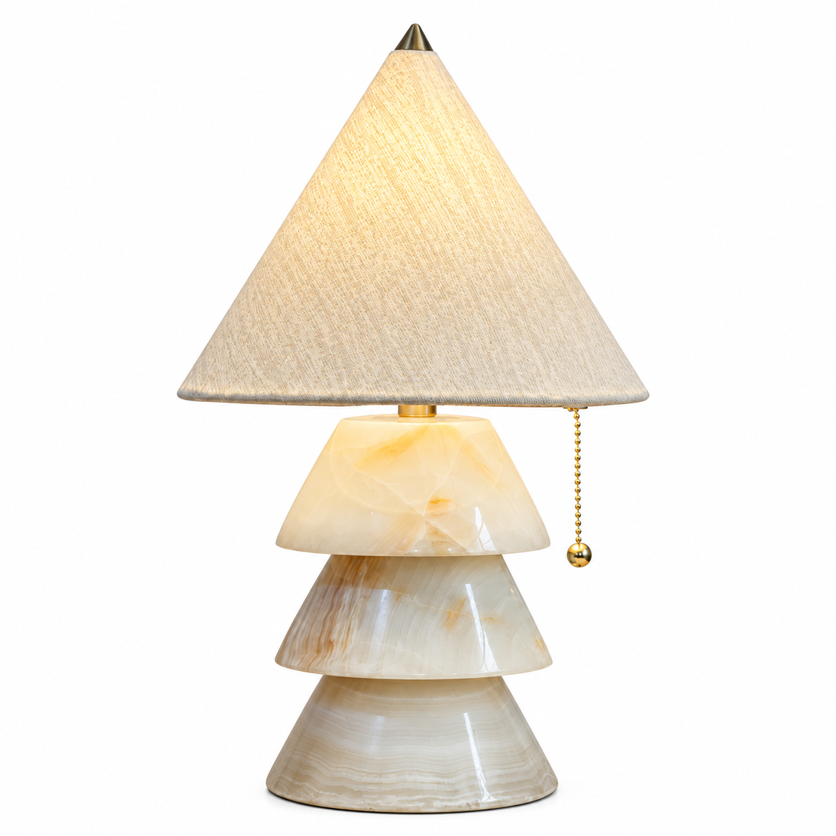 Carved jade-style tree table lamp with cream fabric shade and gold pull chain