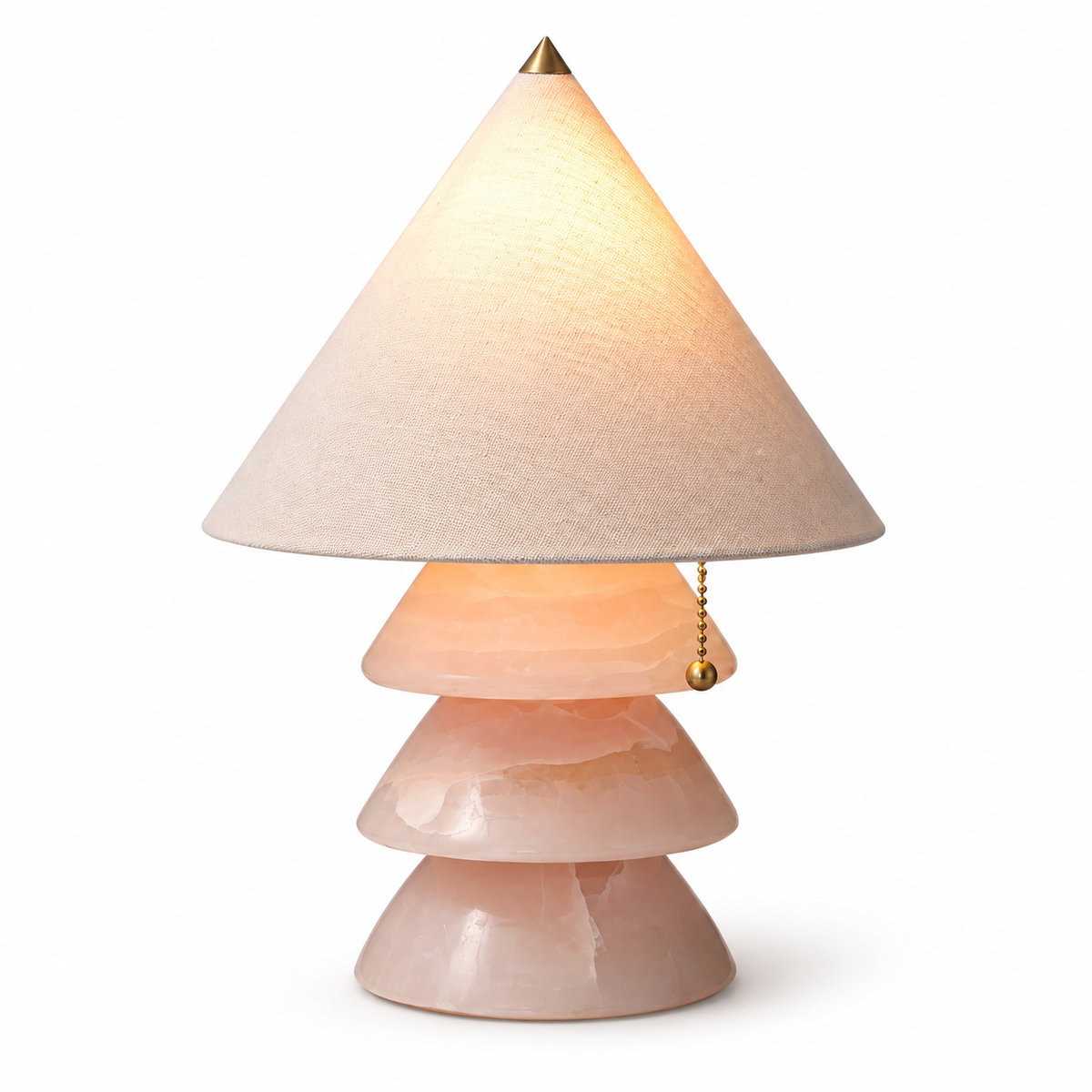 Carved jade-style tree table lamp with stacked conical shades and brass pull chain.