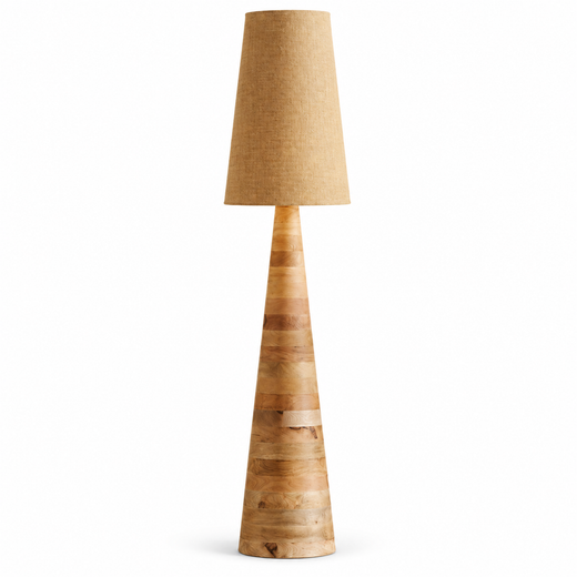 Tapered wood floor lamp with beige fabric drum shade