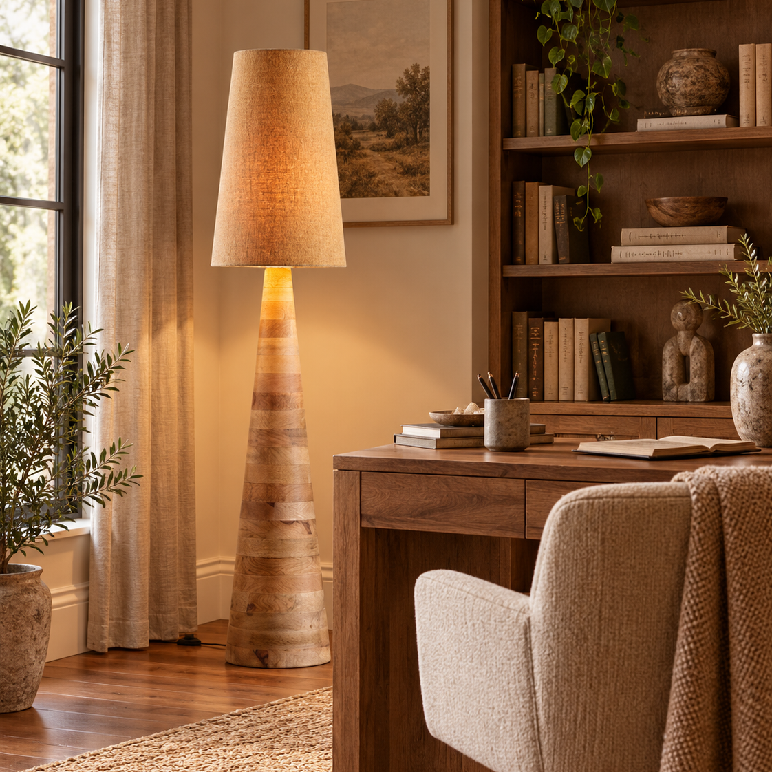 Tapered wood floor lamp with beige drum shade and carved base
