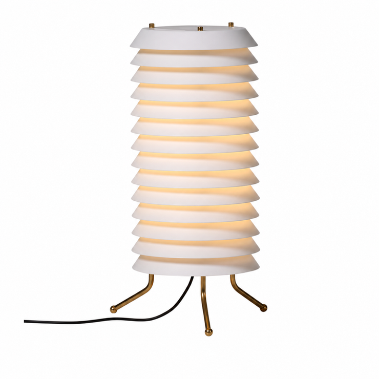 Soleil multi-arm iron table lamp with stacked white shade and gold tripod legs