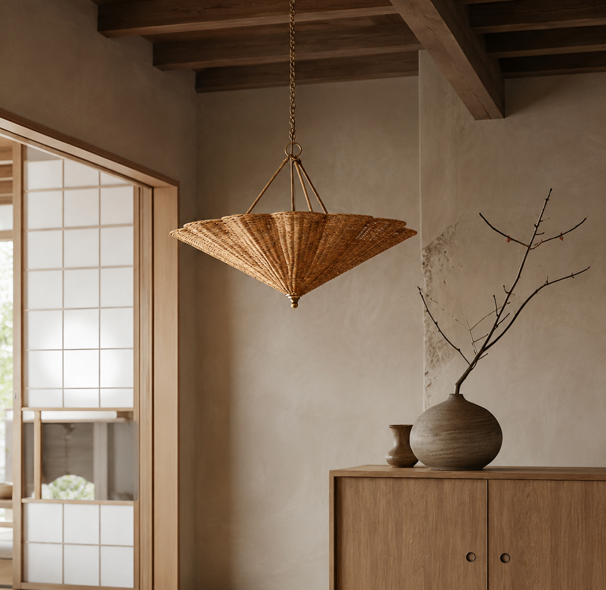 Rattan umbrella pendant light with hanging chain and wide umbrella-shaped shade