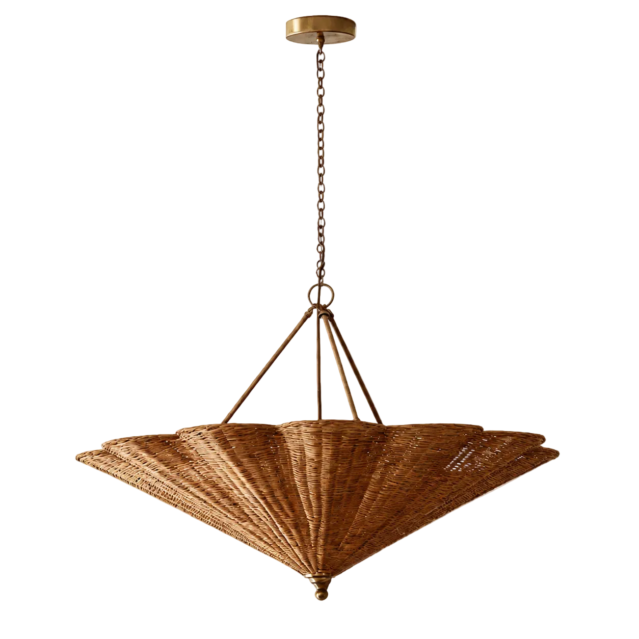 Rattan umbrella pendant light with brass canopy and hanging chain, warm tan shade