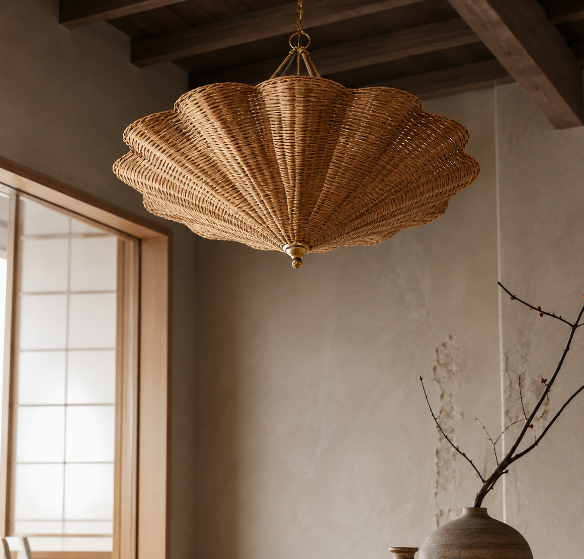 Rattan umbrella pendant light with woven dome shade and central hanging chain