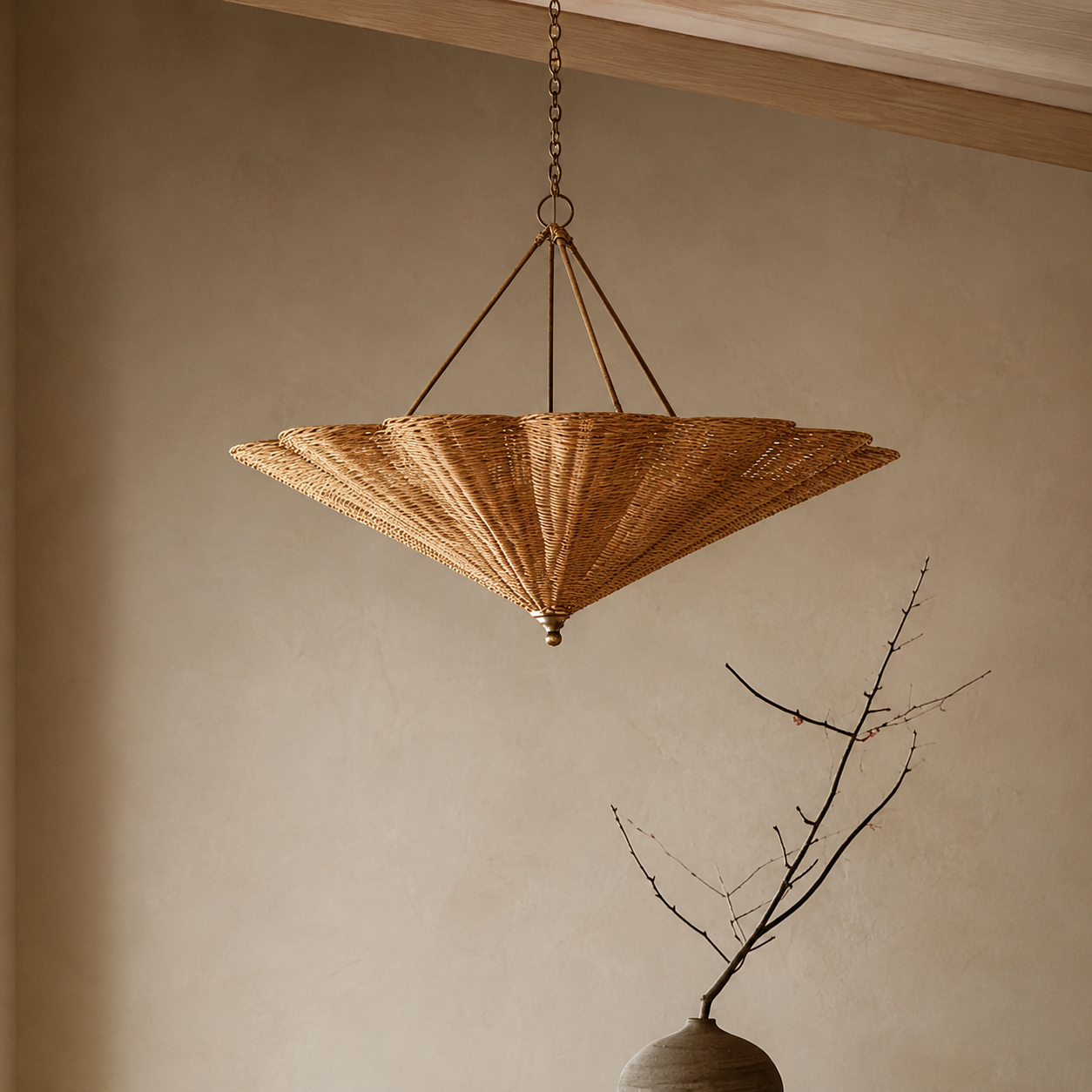 Rattan umbrella pendant light with brass top and four-cord style hanging support