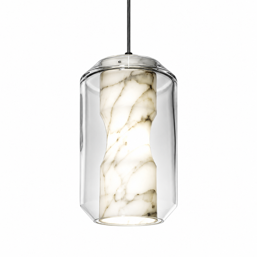 Solene alabaster and glass pendant light with clear cylindrical shade