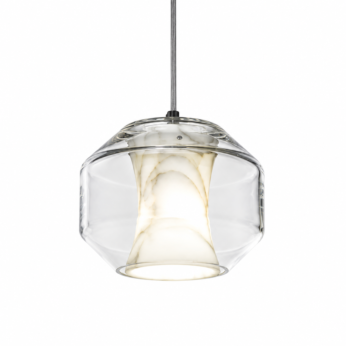 Glass and alabaster pendant light with clear shade and cream diffuser, hanging cord.