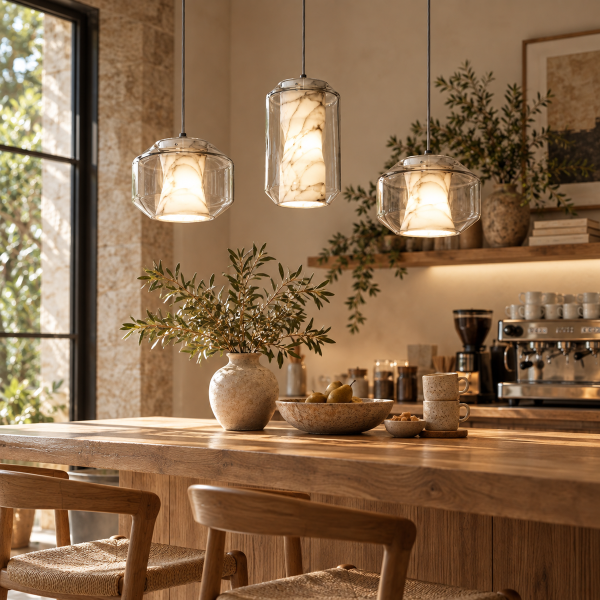 Solene alabaster and glass pendant light trio with clear faceted shades and glow
