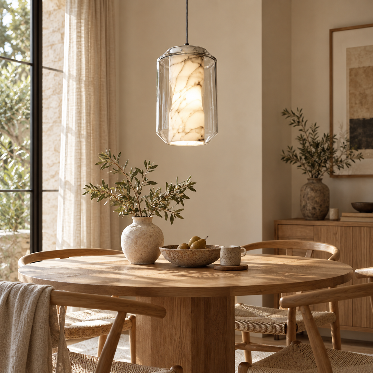 Solene alabaster and glass pendant light above dining table, clear faceted shades
