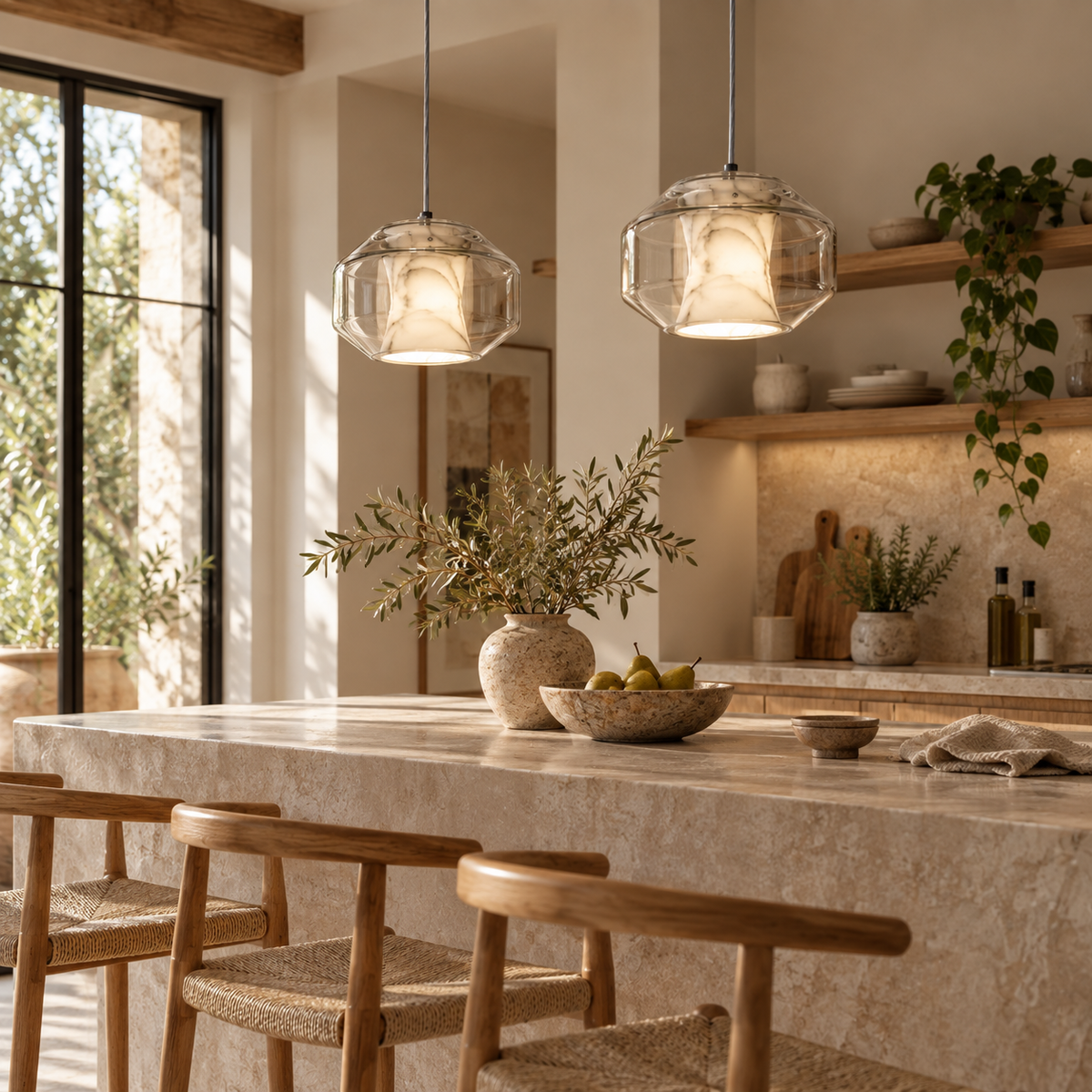 Solene alabaster and glass pendant light set with clear faceted shades