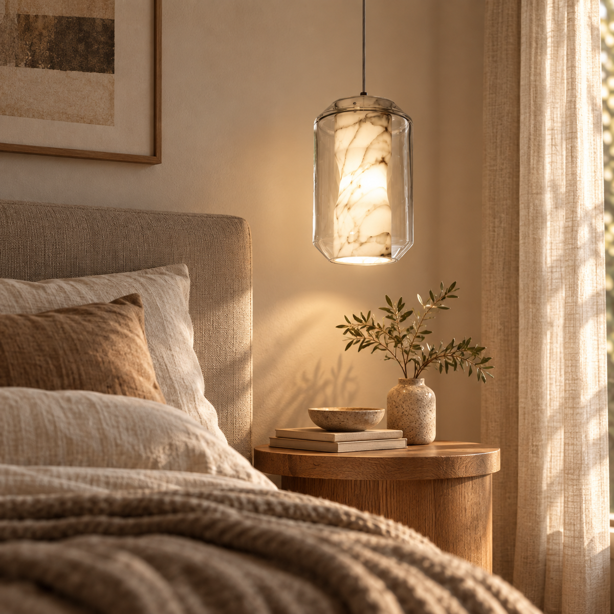 Solene alabaster and glass pendant light with clear faceted shade over side table