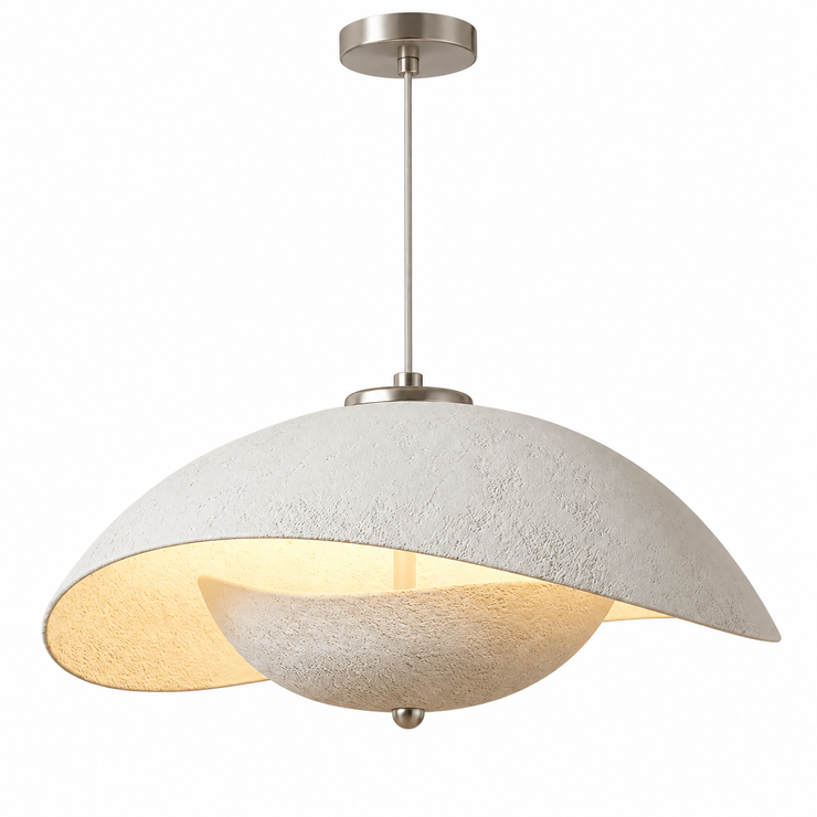 Aluminum wave pendant light with textured gray shade and warm inner glow