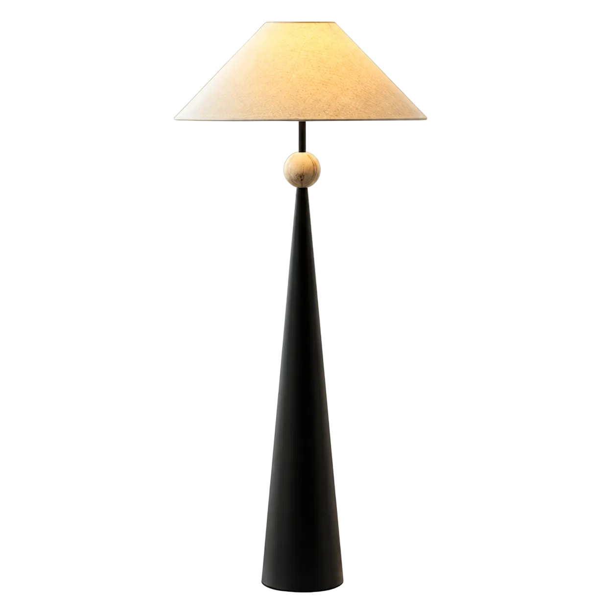 Black floor lamp with beige linen shade and round finial on tall tapered stem.