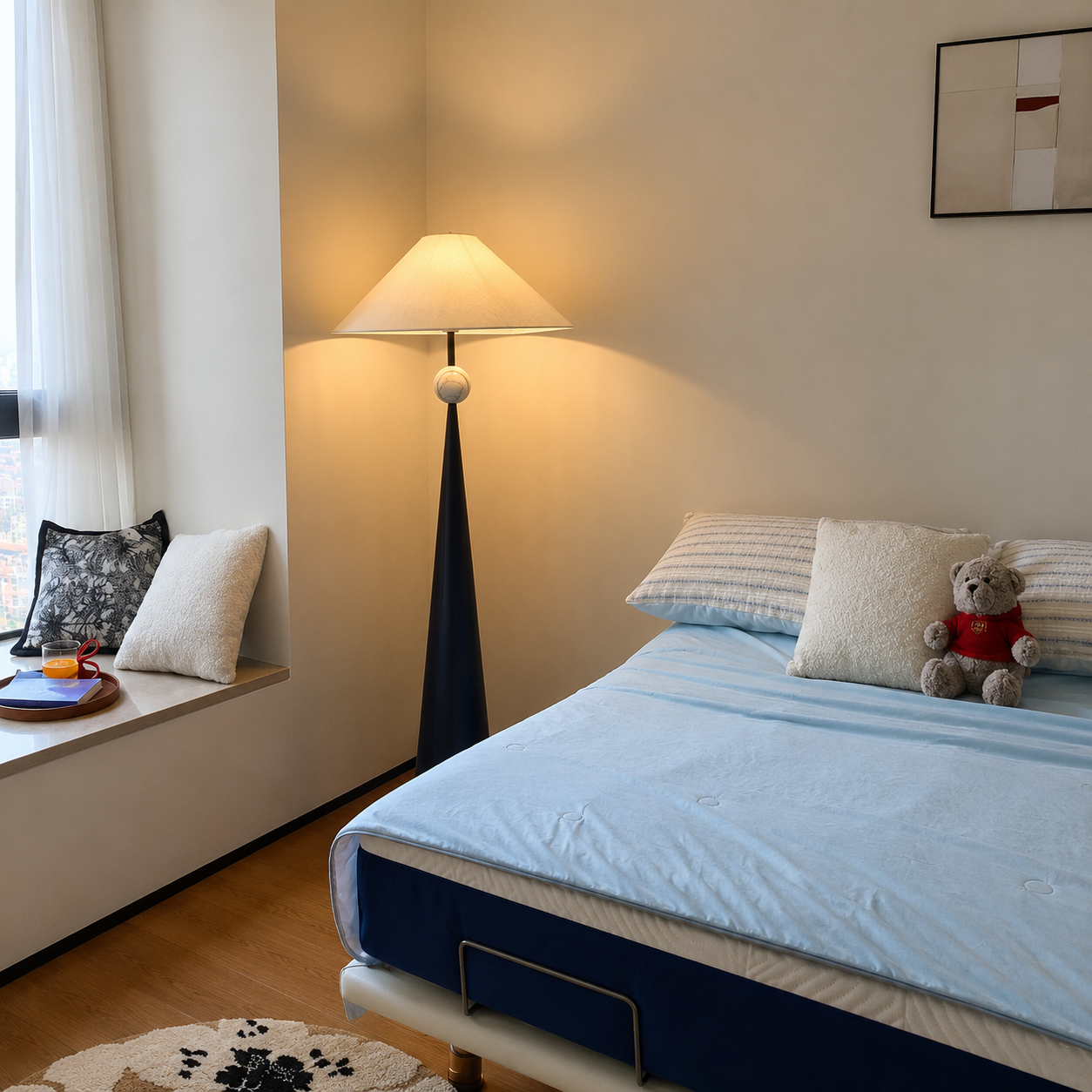 Black floor lamp with beige linen shade and round finial, standing beside bed.