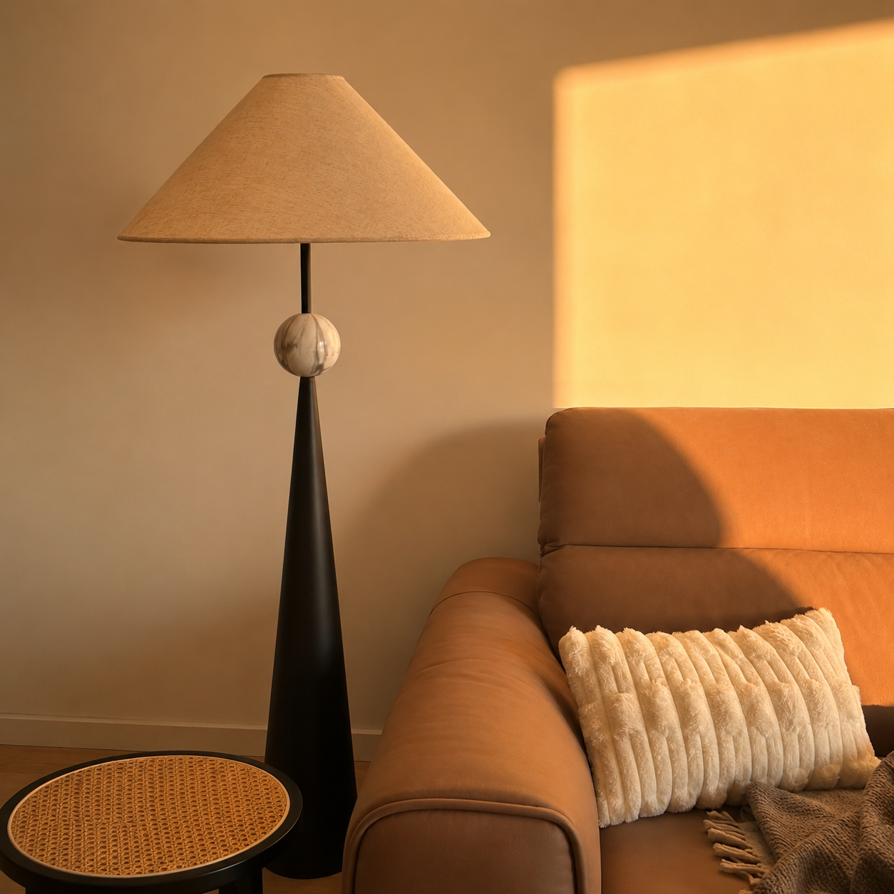 Black floor lamp with beige linen shade and spherical finial on tapered base.