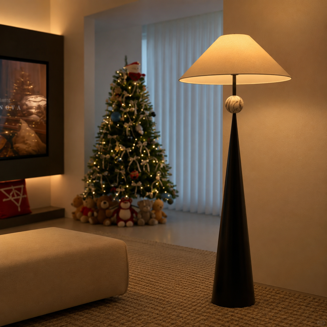 Black floor lamp showing beige linen shade and round finial on slim stem.