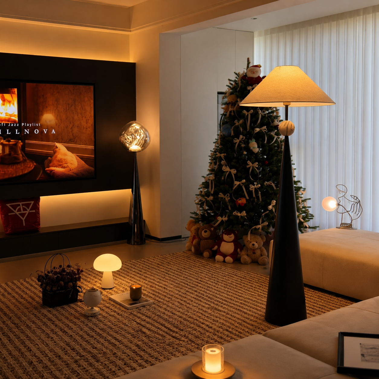 Tall black floor lamp with beige linen shade and spherical knob detail.