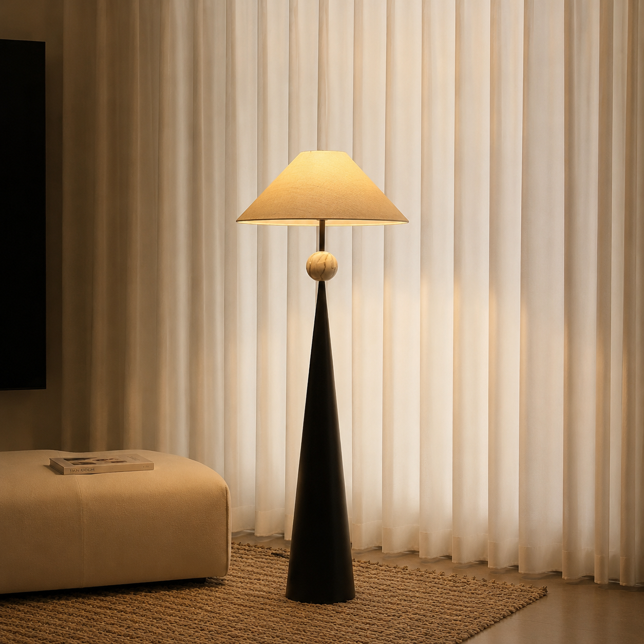Black floor lamp with linen fabric shade, spherical finial, and tall tapered base