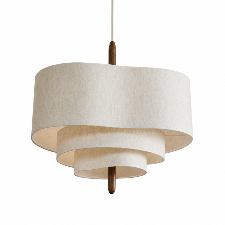 Layered linen pendant light with beige drum shades and dark wood stem