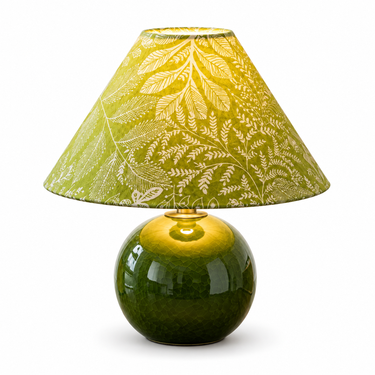 Botanical ceramic table lamp with green globe base and patterned fabric shade, gold leaves