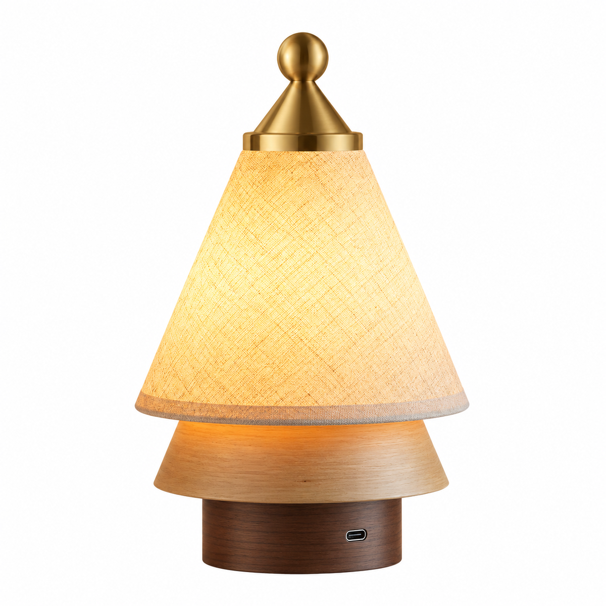 Cordless touch-dimming tree lamp with woven beige shade and brushed brass top, dark wood base