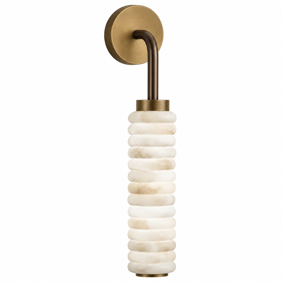 Tiered alabaster wall sconce close-up with stacked alabaster shade and brass circular backplate