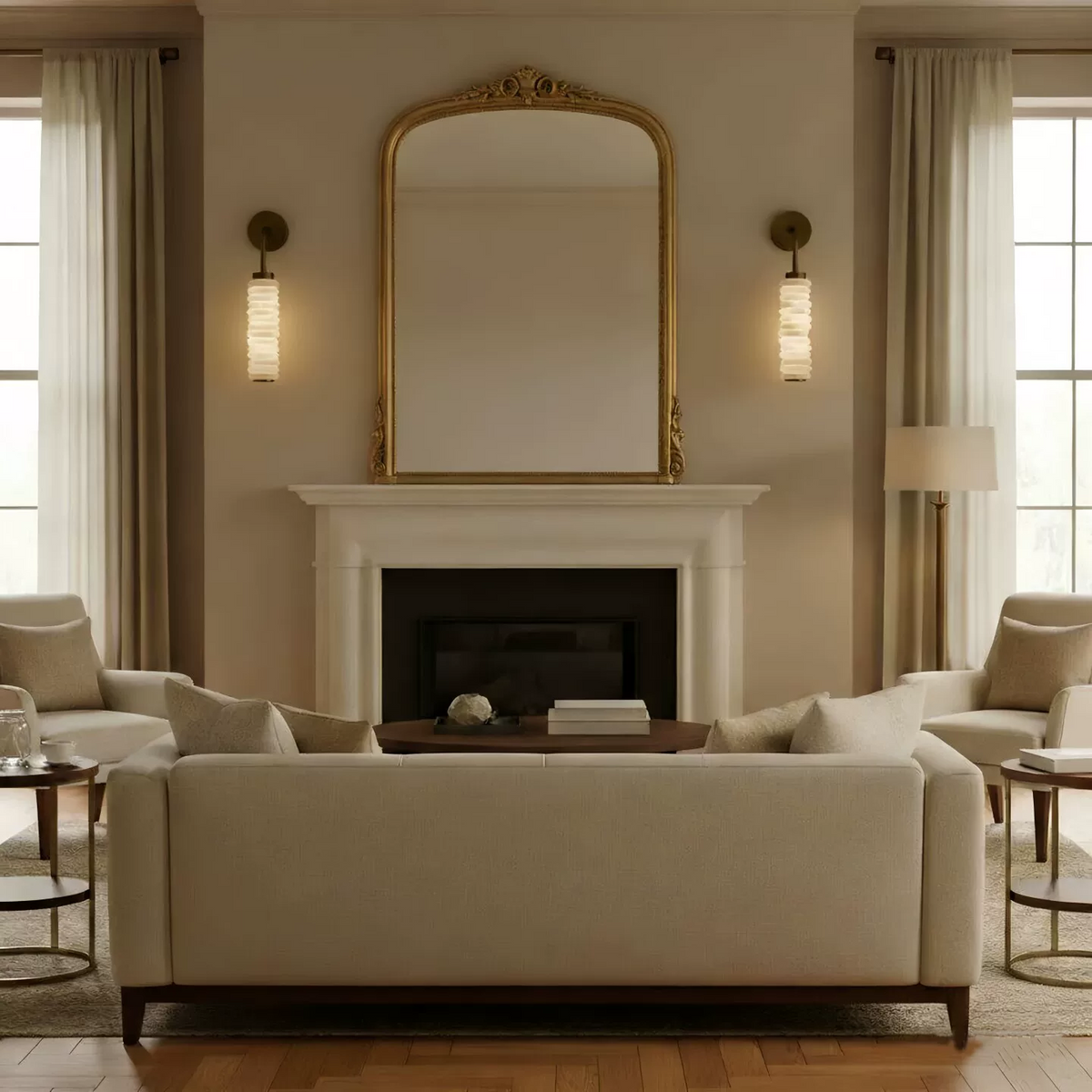Tiered alabaster wall sconce pair with stacked cylindrical shades and round brass mounts