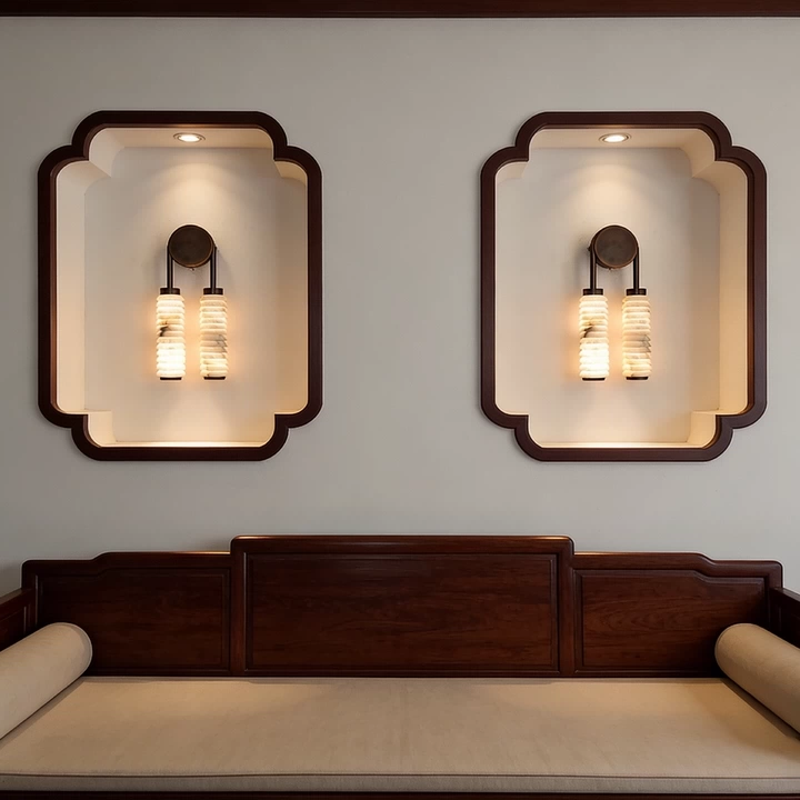 Tiered alabaster wall sconce pair with glowing stacked glass-like cylinders on dark mounts