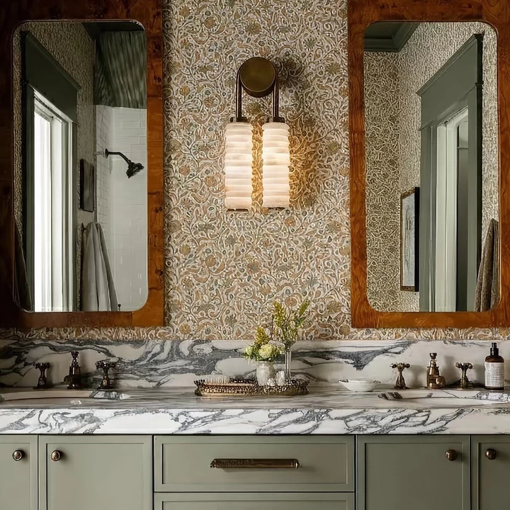 Tiered alabaster wall sconce with two stacked shade columns and dark metal backplate