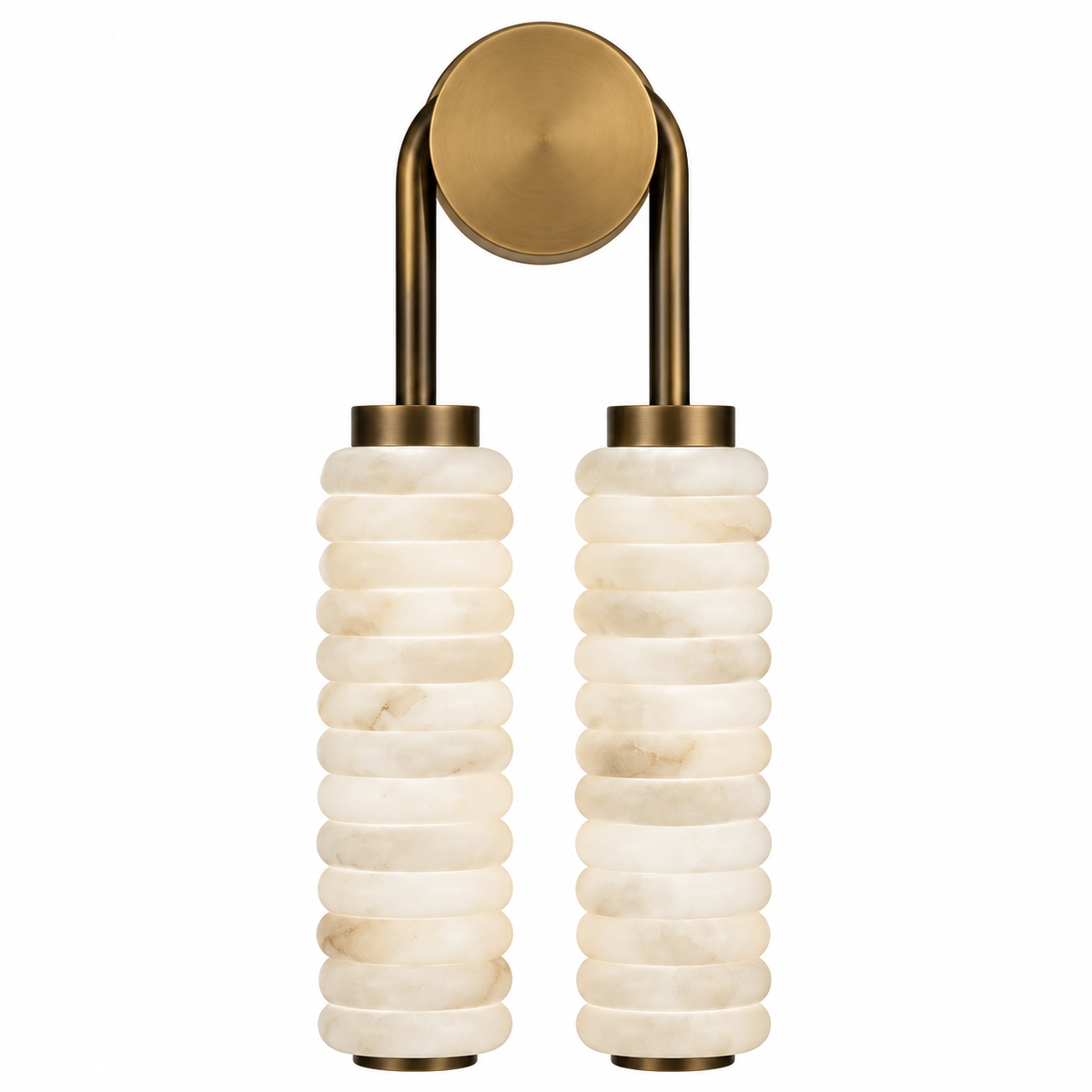 Tiered alabaster wall sconce with two stacked cylindrical shades and round brass backplate