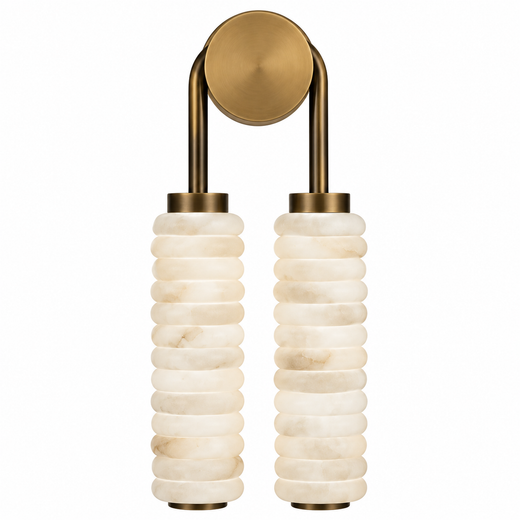 Tiered alabaster wall sconce with two stacked cylindrical shades and round brass backplate