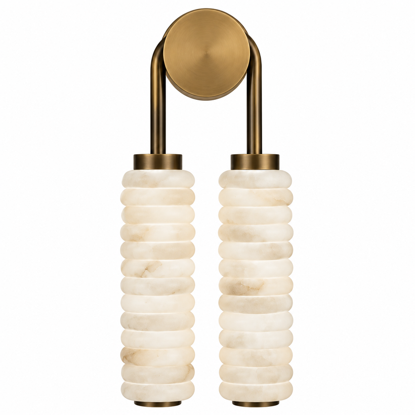 Tiered alabaster wall sconce with two stacked cylindrical shades and round brass backplate
