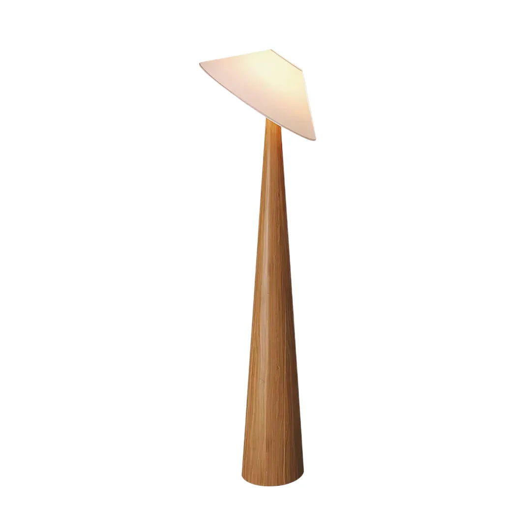 Natural wood cone-shade floor lamp with tall tapered stem and flared shade.