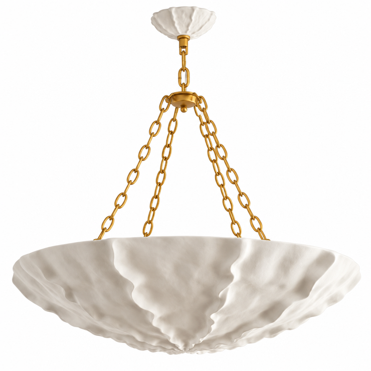 Petal-style chandelier with white shade and antique brass chain