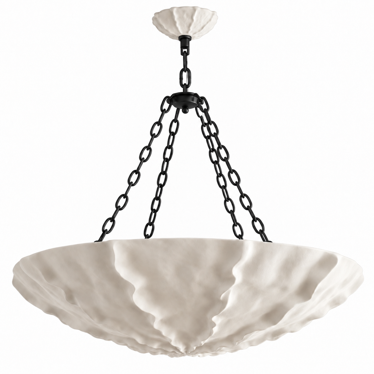 Matte black chain-hung chandelier with white sculptural petal shade and round canopy