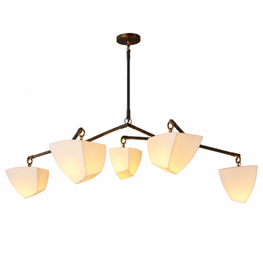 Brass branching chandelier with five off-white fabric cone shades and exposed chain links