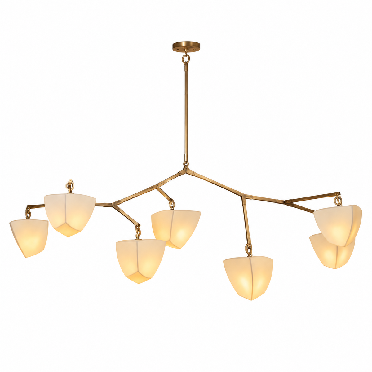 Brass branching chandelier hanging with six frosted white shades and gold arms