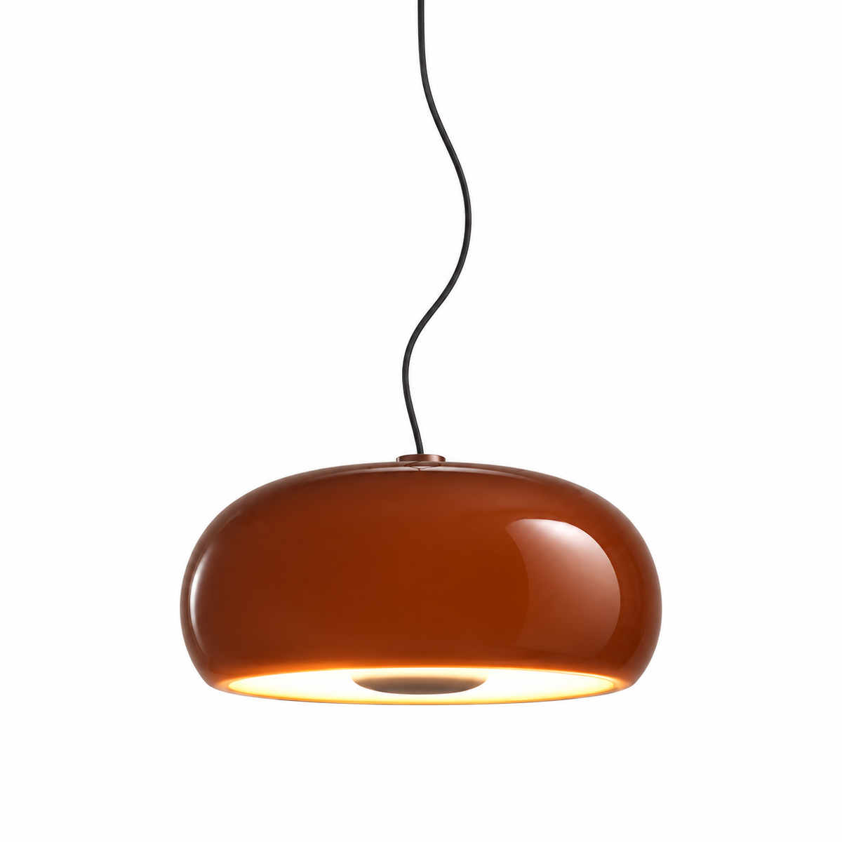 Amber blown glass pendant light with rounded dome shade and black hanging cord.