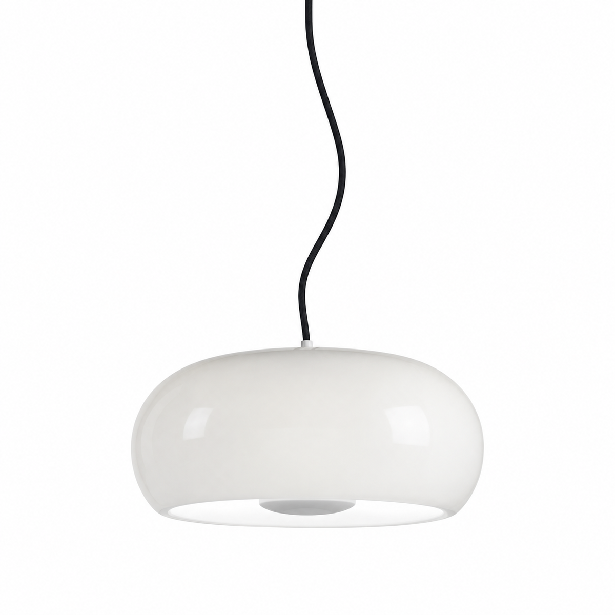 Opal white blown glass pendant light with rounded dome shade and black cord.