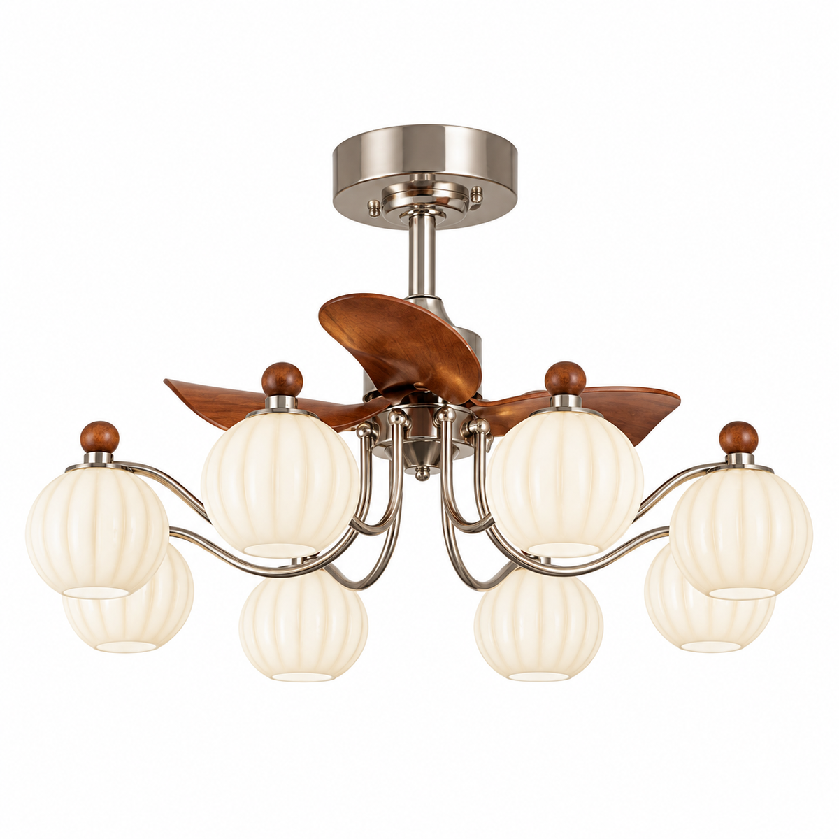 8-light ceiling fan chandelier with frosted glass shades and bronze metal blades