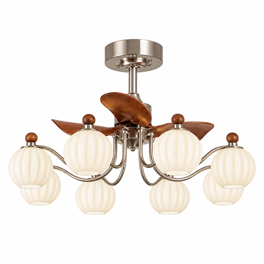 8-light ceiling fan chandelier with frosted glass shades and bronze metal blades