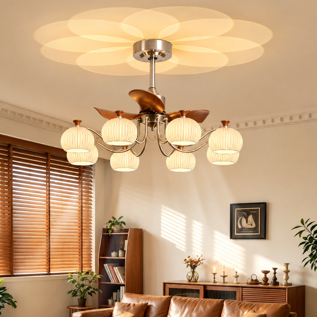 8-light ceiling fan chandelier showing frosted glass shades and bronze fan blades