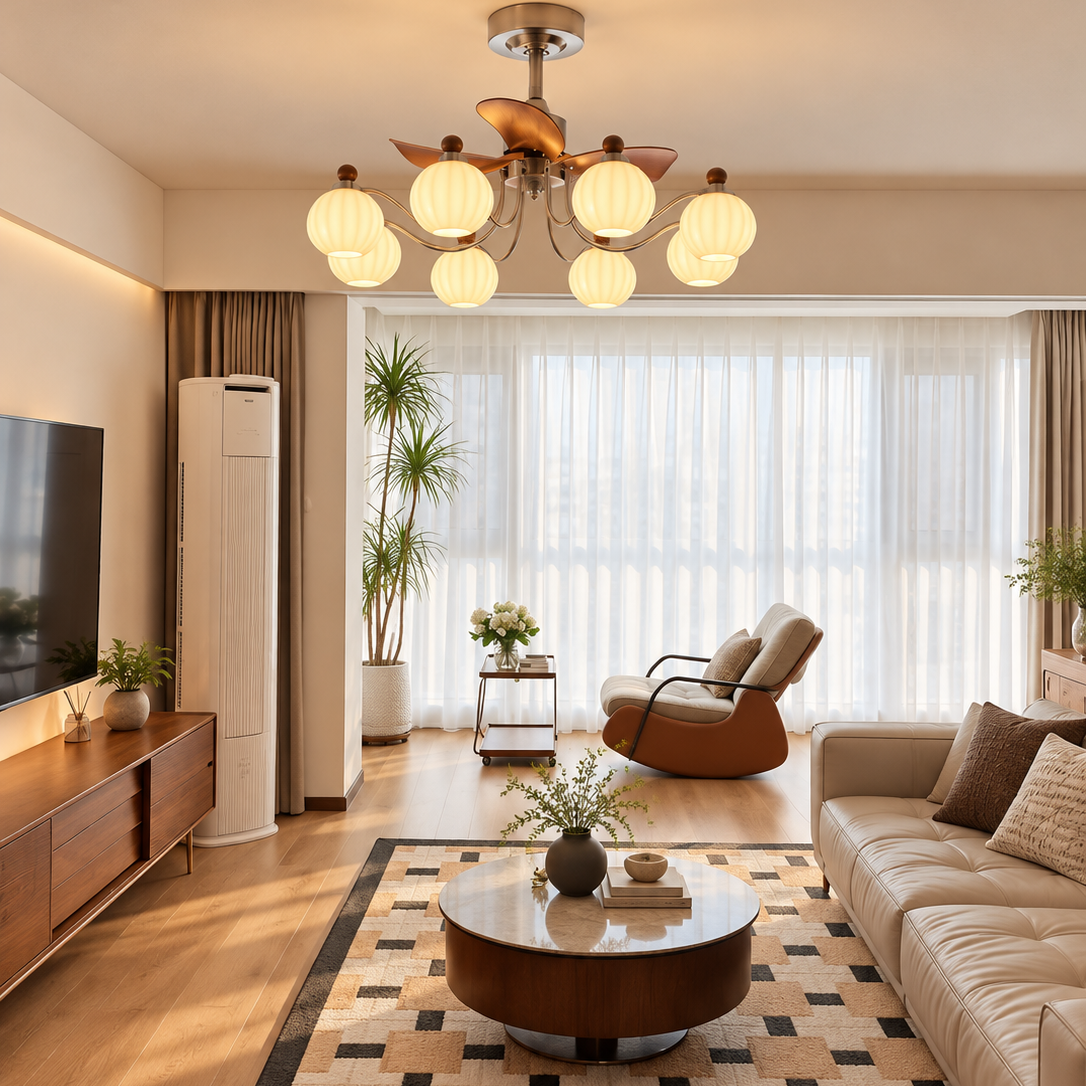 Bronze 8-light ceiling fan chandelier with globe frosted shades and metal mounting plate