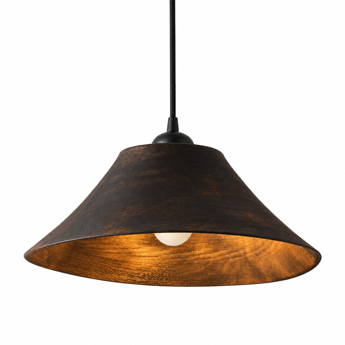 Cone wood pendant light with dark wood shade and warm white bulb, black cord