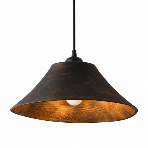 Cone wood pendant light with dark wood shade and warm white bulb, black cord