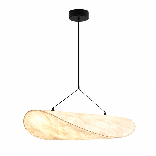 Oval paper pendant light with warm beige shade and black ceiling canopy